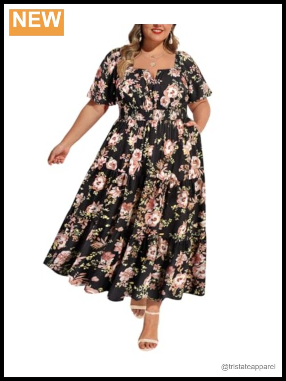 Plus Size Floral Smocked Maxi Dress Square Neck Short Sleeve with Pockets